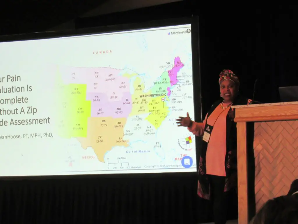 Lisa VanHoose, Ph.D., points out how where patients live can affect whether they can get access to quality healthcare or not at the 2022 San Diego Pain Summit. Saturday, Feb. 26, 2022. (Photo by Nick Ng)