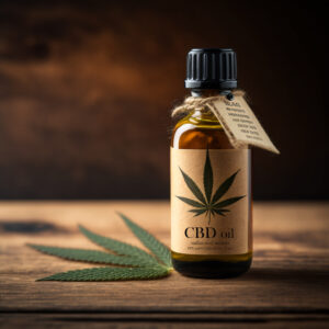small bottle of CBD oil on a wooden table