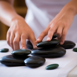 A massage therapist places hot stones on a table.