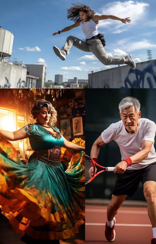 College of a young woman doing parkour, leaping over a wall; a middle-age woman belly-dancing; an older man playing tennis