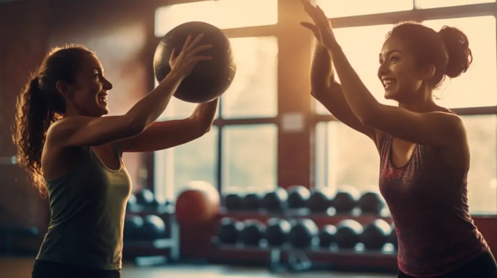 Two women tossing a medicine ball to each other at a gym.