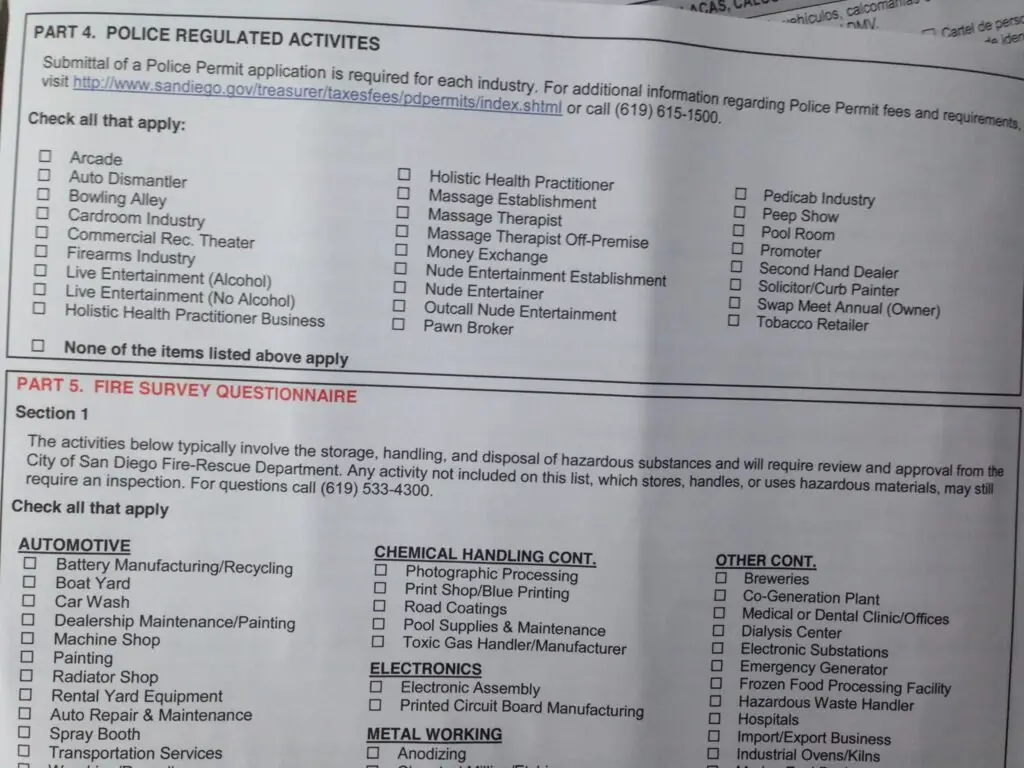 A form showing that massage therapy is a police-regulated activity in San Diego County