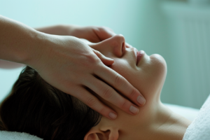 woman receiving craniosacral therapy treatment from a therapy