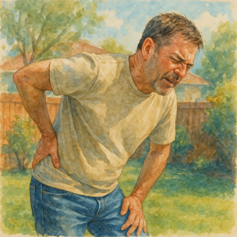 A man with low back pain put his hand on his lower back